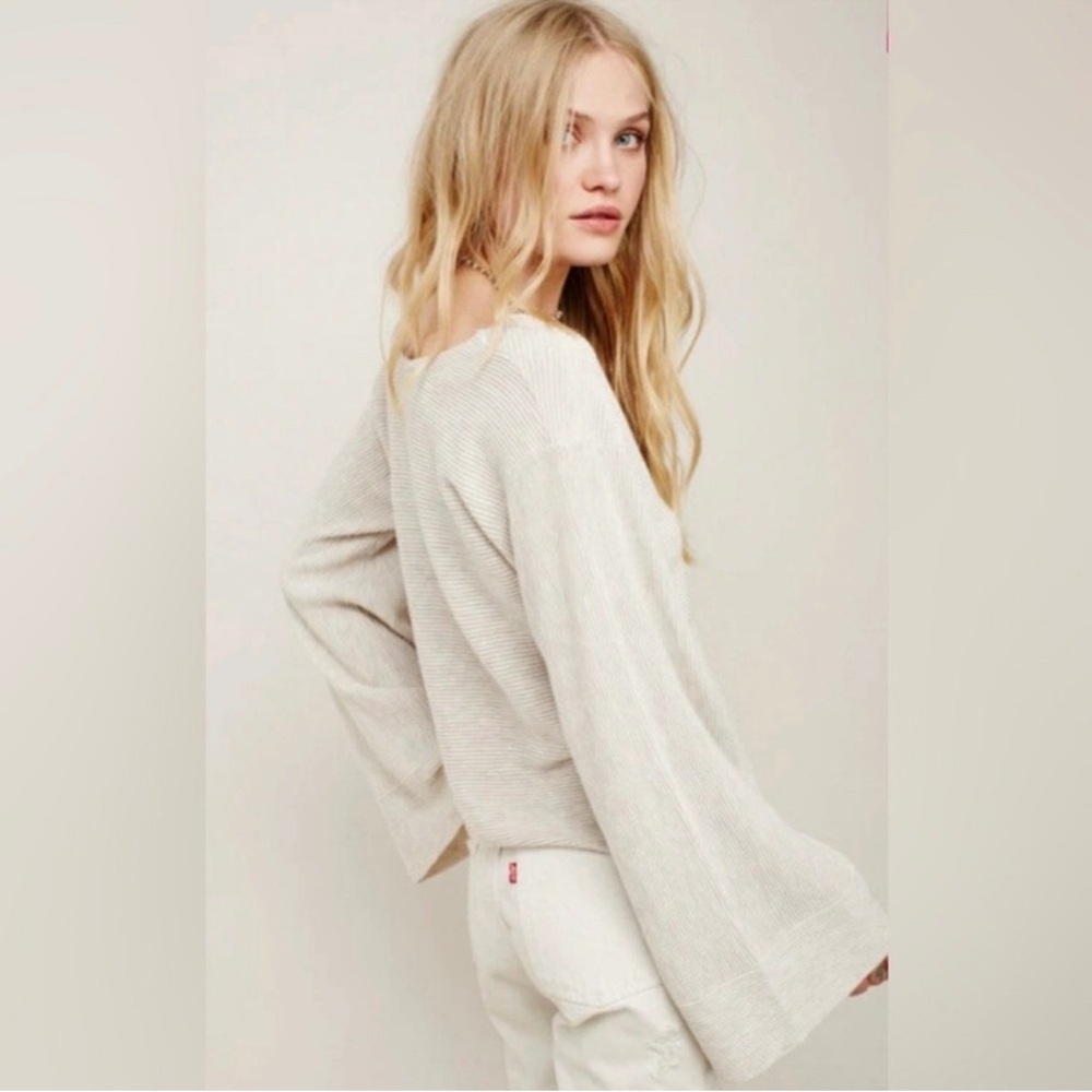 Free People Ribbed Bell Sleeve Sweater Top | Size L | Oatmeal/Cream